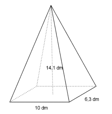 Pyramide med rektangulær grunnflate. Lengden i rektanglet er 10 dm og bredden 6,3 dm. Høyden i pyramiden er på 14,1 dm.